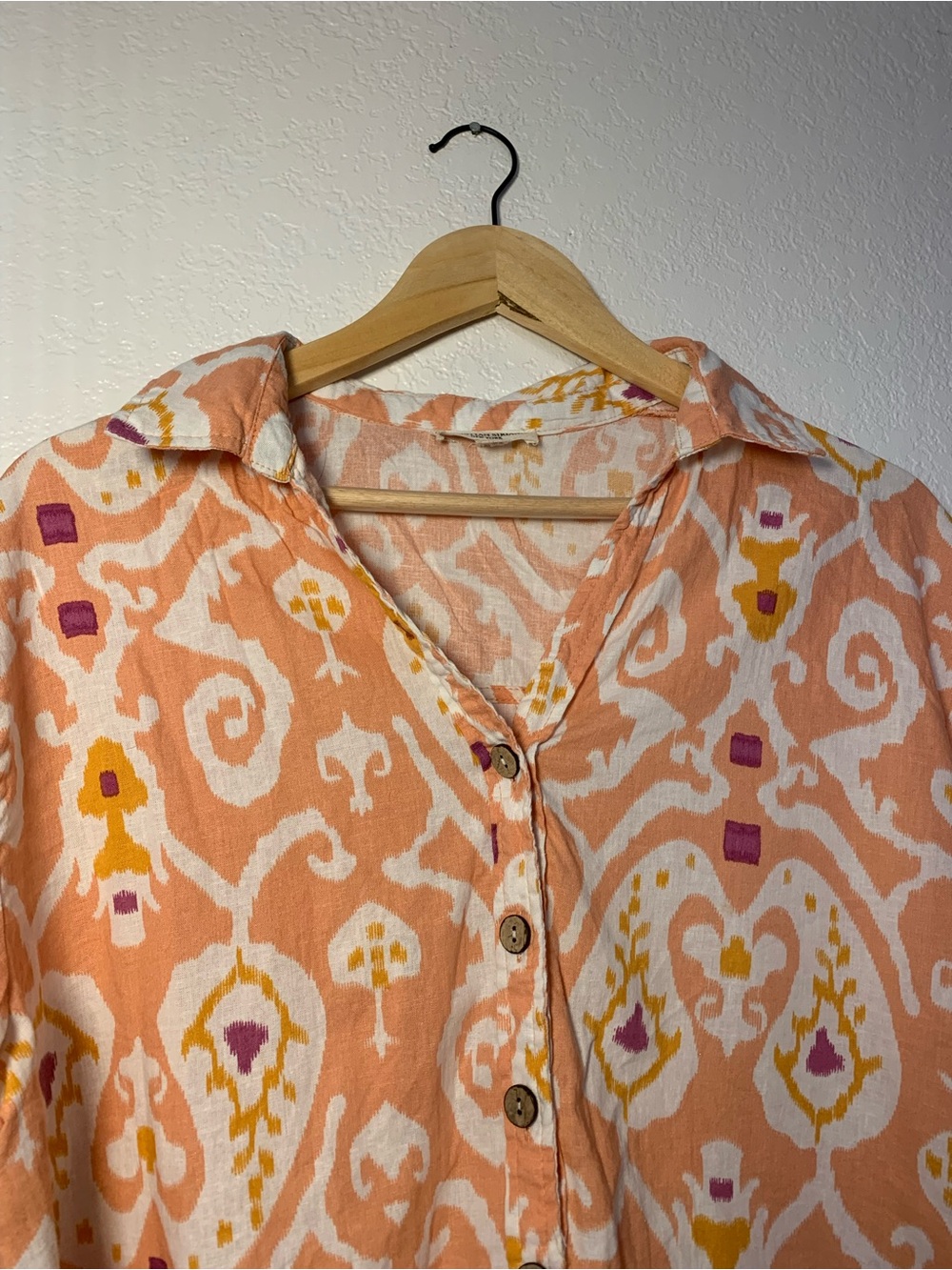 Christian Siriano Linen Rayon Blend Peach White Short Sleeve Button-Down | L - Picture 6 of 14